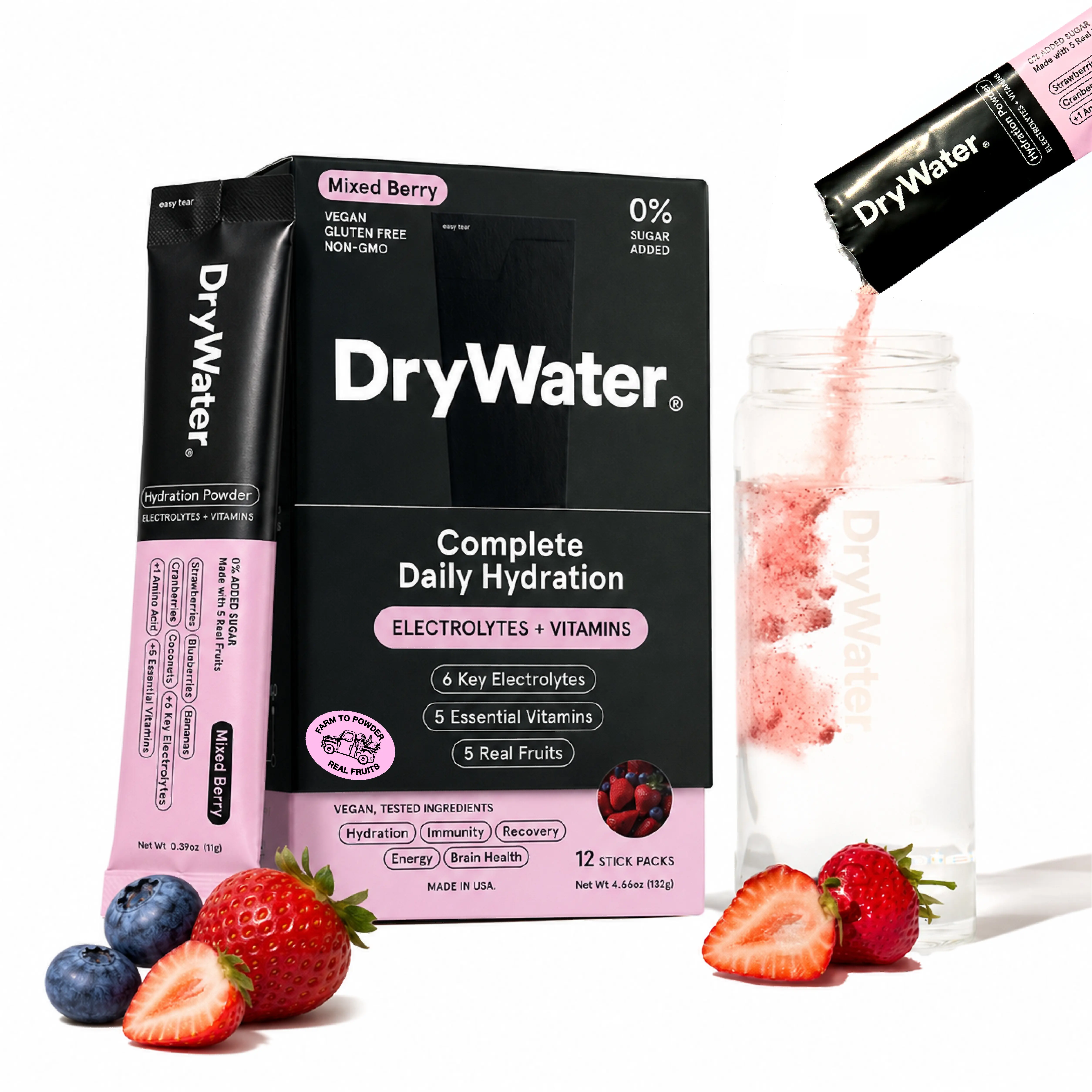 DryWater Complete Daily Hydration (12 Pack) - Mixed Berry. 6 Electrolytes + 5 Vitamins + 1 Amino Acid. No Added Sugar, Nothing Artificial, Real Fruit, Vegan, Gluten Free - (12 Stick Packs)
