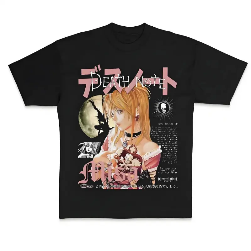 Cotton Short-Sleeve Round Neck Casual Streetwear T-Shirt, Misa Retro Pattern Death Note Merch Anime Costume, Black Oversized Sports Top