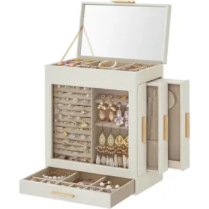 Jewelry Box with Glass Window, 5-Layer Jewelry Organizer with 3 Side Drawers, Jewelry Storage, with Big Mirror, Modern, 6.1 x 10.3 x 12.6 Inches, Cloud White and Metallic Gold