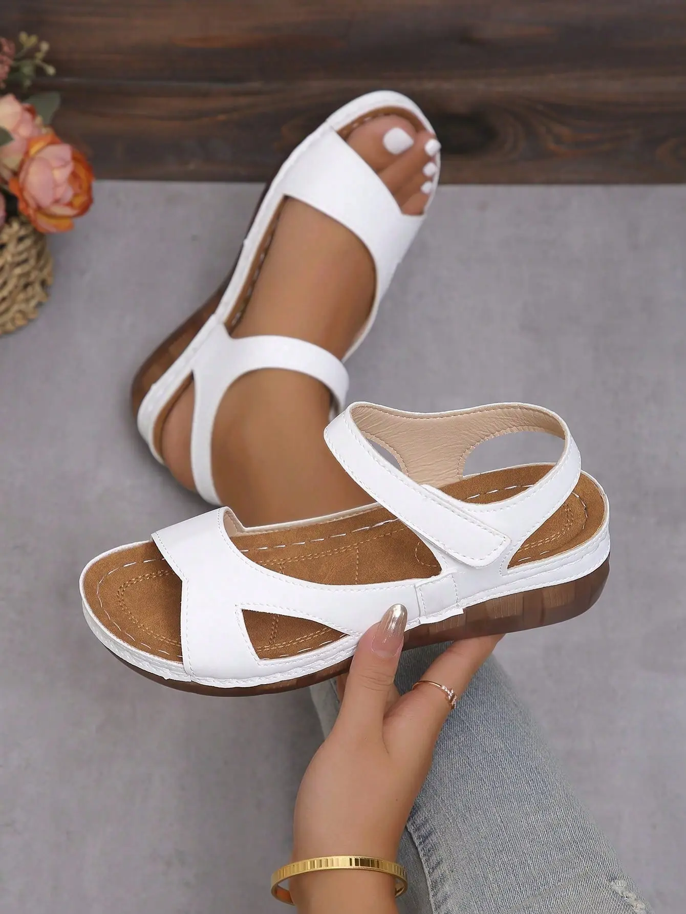 AESS Women's Casual Wedge Sandals - Summer Plain PU Leather Peep Toe, Cross-Over Velcro Hook & Loop Platform Shoes for Beach Vacation Walking Comfort