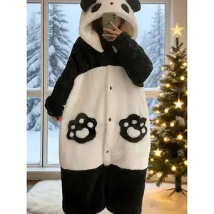 Women’s Ultra Soft Plush Panda Hooded Fleece Robe with 3D Ears & Paw Pockets Cozy Button-Down Long Pajama Coat for Home Gifts Festive NightwearXKOX