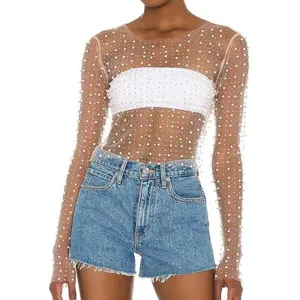 Women Pearl Rhinestone Sheer Mesh Crop Top Sexy See Through Long Sleeve Slim Fit Cropped Blouse Shirt Clubwear