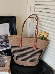 Women's Casual Colorblock Striped Large Capacity Tote Bag, Beach Vacation Shoulder Bag, Versatile Outdoors Handbag