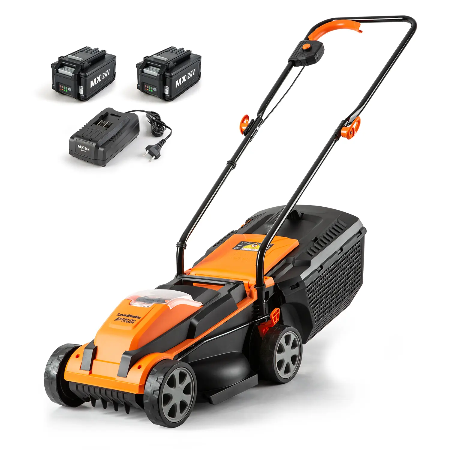 LawnMaster 24V Max Cordless 13-Inch Cutting Garden Lawn Mower - 2X4.0Ah Batteries, Charger Included, Portable Design, Foldable Handle, 1-Touch Adjustment, Rust-Resistant Construction