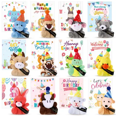 12/15/24-Pack Lightweight Unisex Cheerful Soft Mini Plush Toys with Hats, 12 Pcs Birthday Mini Plush Toys, Birthday Gifts, Back to School Classroom Party Favors, Goodie Bag Stuffers