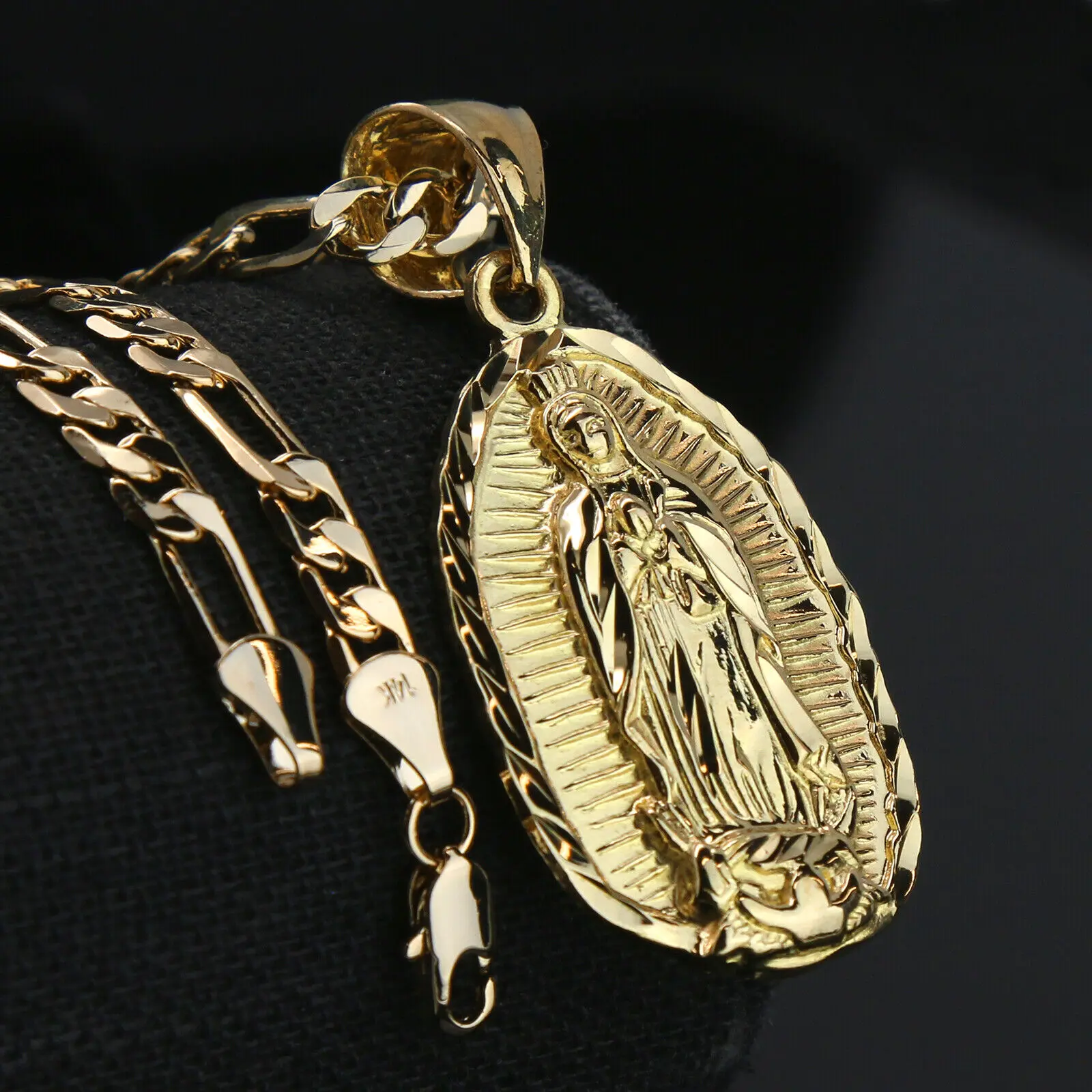 MaxBling81 Virgin Mary Guadalupe Brass Exquisite Trendy Pendant, 14K Stamped 4mm Figaro Gold Chain Necklace, 20" or 24" Hip Hop Inspired Men's Fashion Costume Jewelry