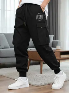Men's Regular Fit Mid-Waist Polyester Cropped Jogger Pants - Letter Print, Drawstring Waist, Pockets, Above-Ankle Length, Avant-Garde Street Casual Grey Cargo Pants for Christmas