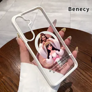 Magnetic Phone Case Supports Wireless Charging Compatible With Samsung Galaxy S23 Ultra S24 Plus FE S25 S22+ Divine Crown Blessing Pattern Non-Yellowing Shockproof Soft Silicone Transparent Acrylic Cover