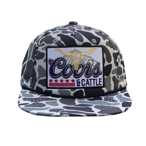Longhorn Cattle Gray Camo Rope Trucker Hat, Western Embroidered Patch Snapback, Flat Brim Ranch Style Cap, Gift, Casual Outdoor Streetwear Cap