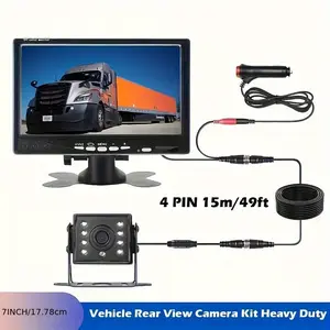 7" Car Monitor Screen with Rear View Camera 4PIN Cable 15m for Truck Parking Trailer 12-24V LED Night Vision Reversing Camera Easy Installation Heavy Duty, Without Battery
