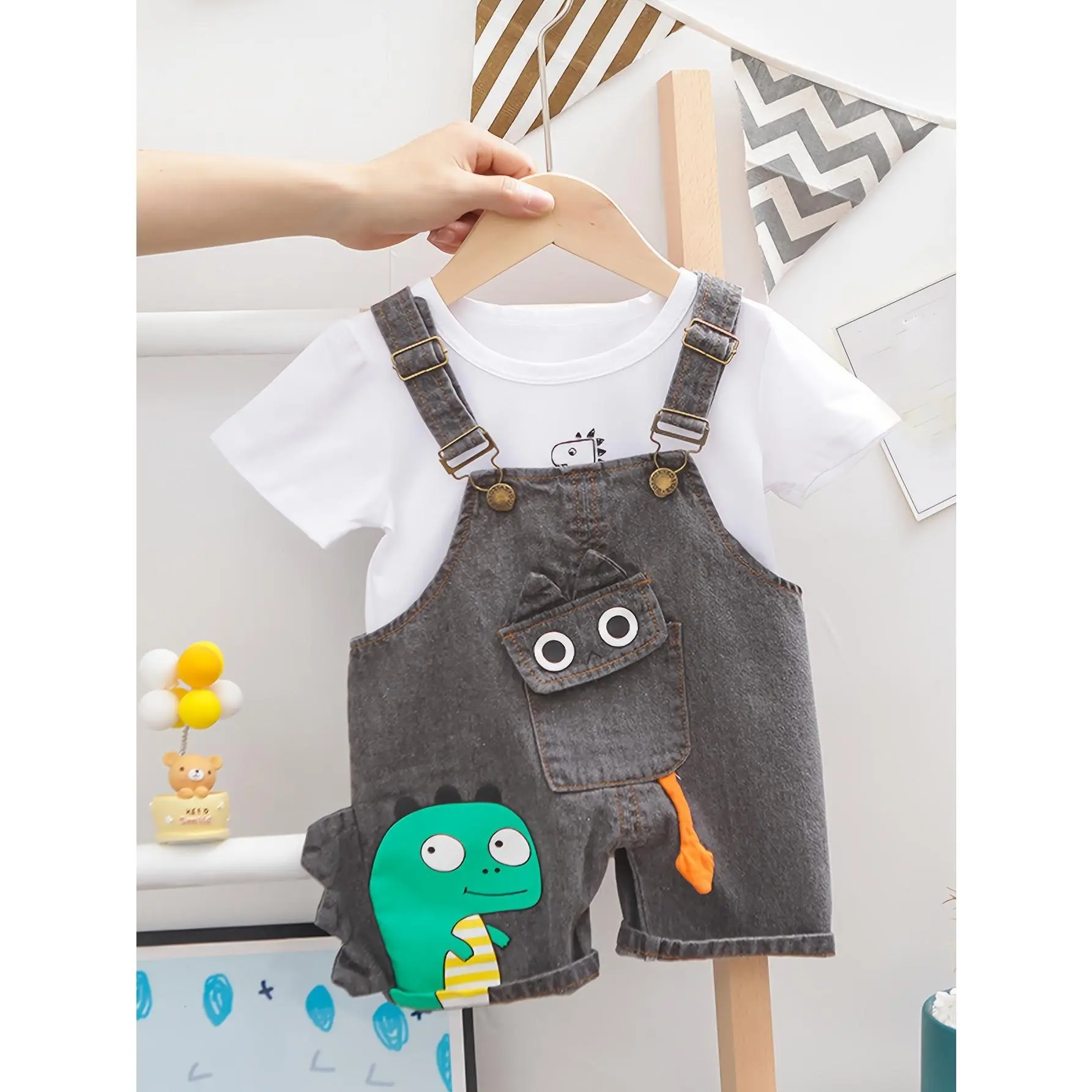 Toddler Boys Cartoon Dinosaur Denim Short Overalls & White Graphic Tee 2Pcs Set, Adjustable Strap Eye Pocket Dark Jean Suspender Shorts Kids Summer Casual Outfit # dinosaur outfit