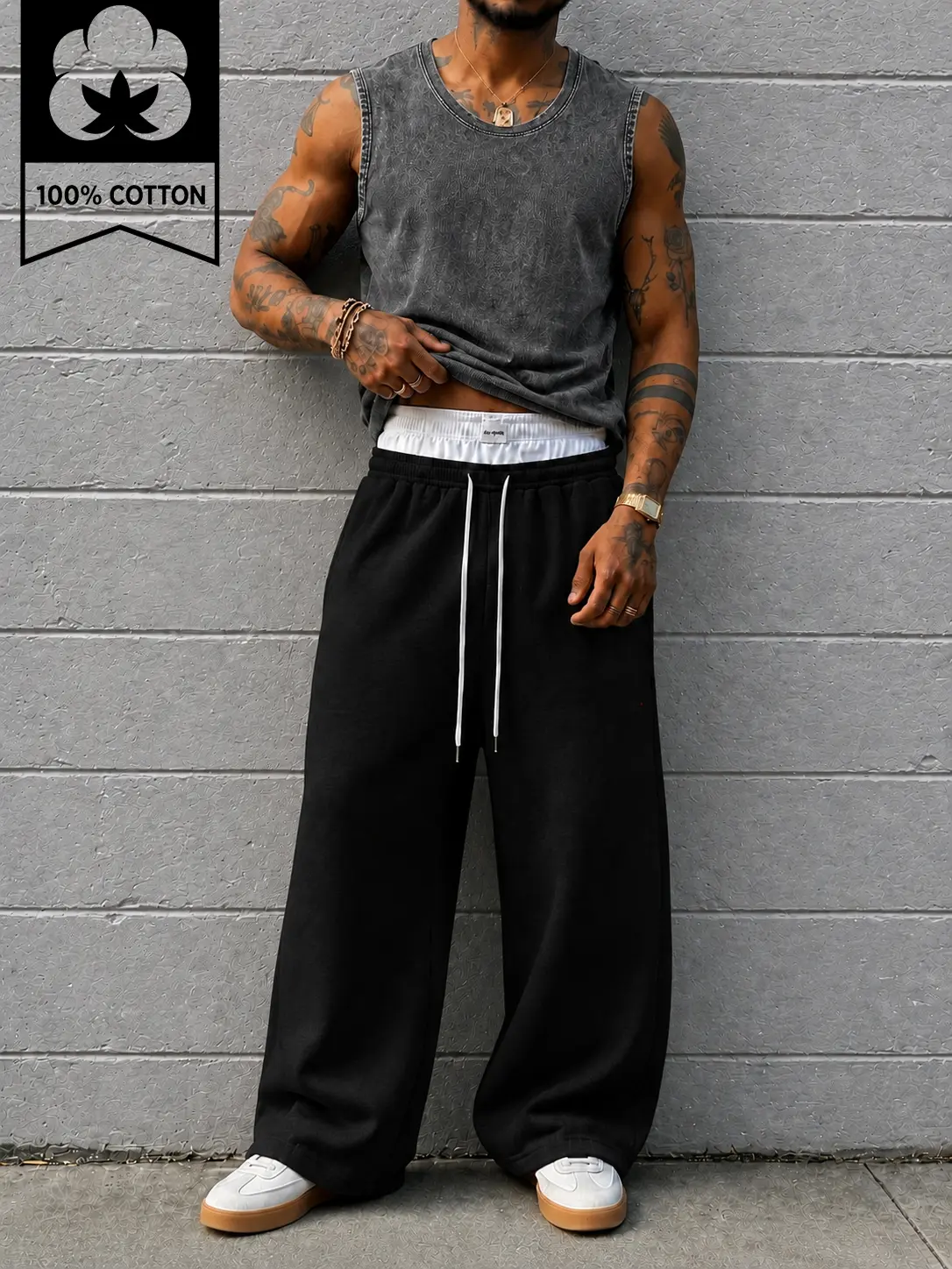 Men's Washed Distressed Tank Top and Low Rise Double Waist Sweatpants Set, Contrast Layered Waist Wide Leg Jogger Outfit, Y2K Streetwear Two Piece Tracksuit, Casual Gym Lounge Pants Matching Set for Summer Festival Travel, Hip Hop Club Street Fashion Wear