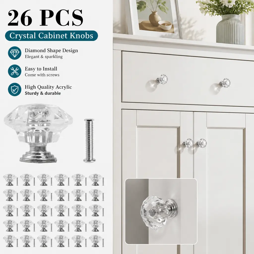 26-Pack Sparkling Glam Drawer Knobs - 24mm Diamond-Shaped Acrylic Cabinet Pulls with Screws, Modern Hardware for Dresser, Bedroom Furniture - Mid-Year Sale Deals