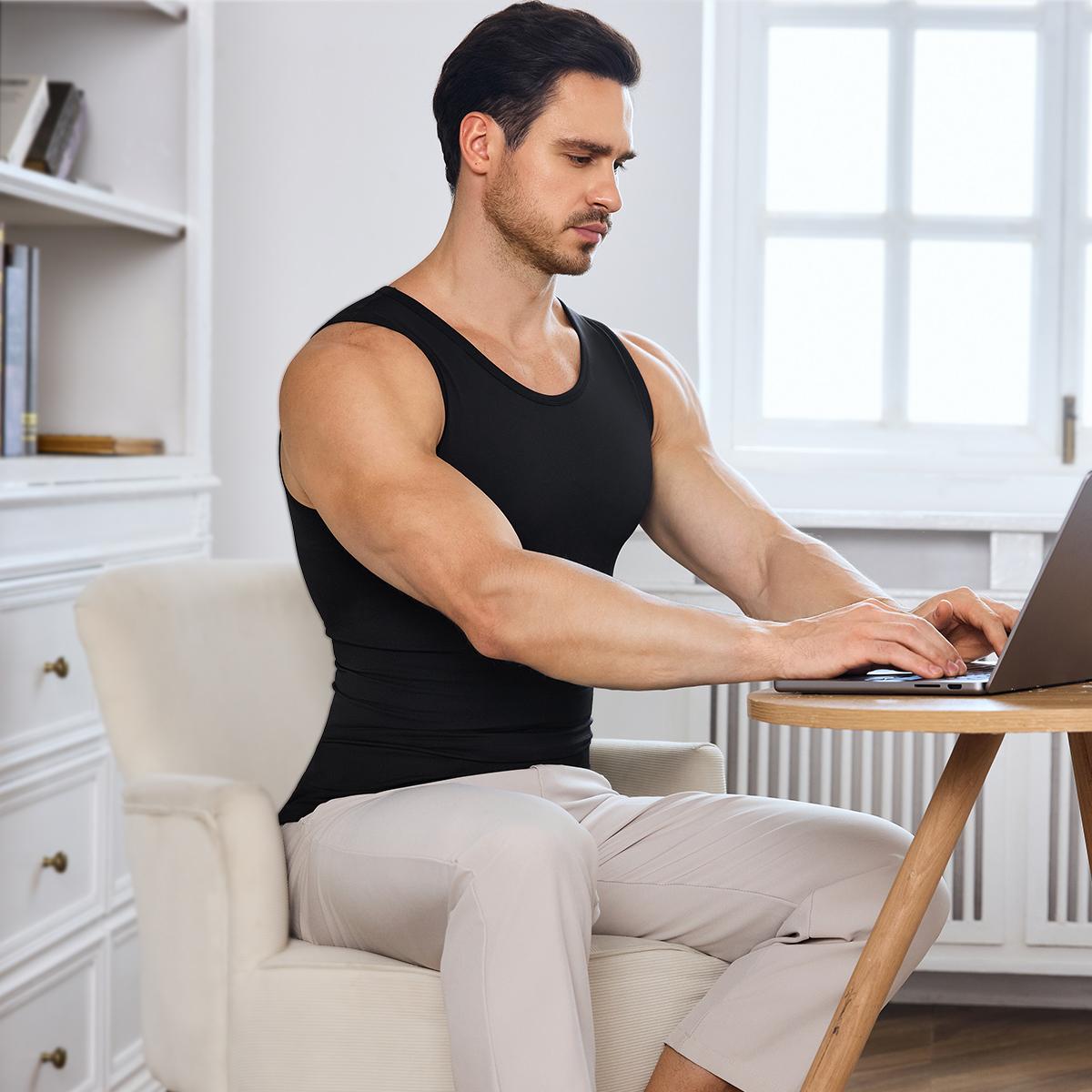 Nebility Men’s Seamless Compression Tank Top, Tummy Control, Chest Support & Back Posture Correction, Breathable 4-Way Stretch Underwear for Gym, Workout & Daily Wear