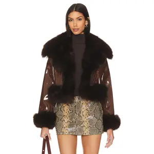 Adrienne Landau Faux Leather & Fur Jacket in Chocolate Brown