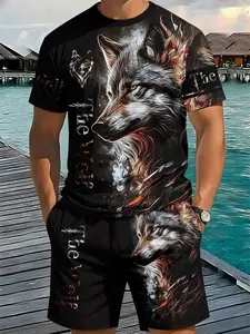 Men's 3D Digital Printed Two-Piece Set with Full Dark Night Wolf Pattern, 2Pcs, Trendy and Fashionable Set, Trendy Retro Casual Two-Piece Set, Vacation Style Trendy Outfit, Breathable Sporty Casual Style, a Perfect Holiday Gift for Men