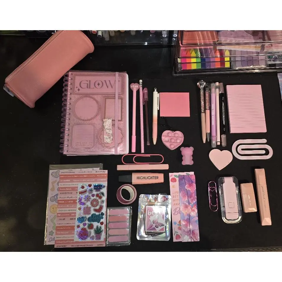 Magic Glow Bundle - Pink Stationery Set with Pen, Paperclips, Notepads, Sticky Notes for Journaling