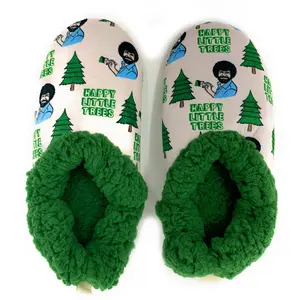 Women’s Fuzzy Anti-Skid Bob Ross Slippers, Novelty Warm House Slippers, Lil Happy Trees