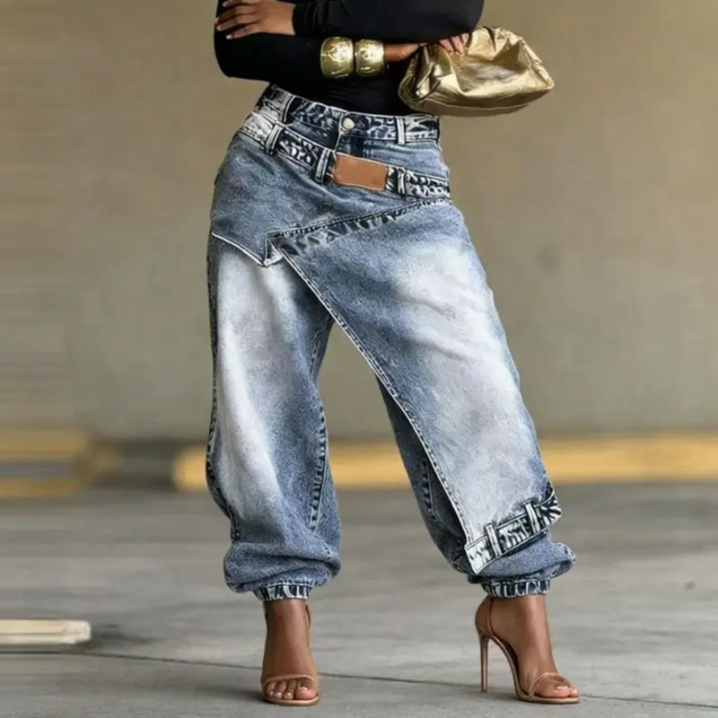 Women's long wide-leg jeans with a distressed washed look, irregular layered panels, waistband featuring leather tag detailing, non-stretch fabric.