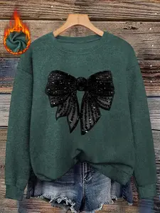 Women's Fall Winter Sparkle Bow Faux Fur Round Neck Top, Soft Plush Thickened Warm, Elegant Sequin Print, Versatile Casual Wear