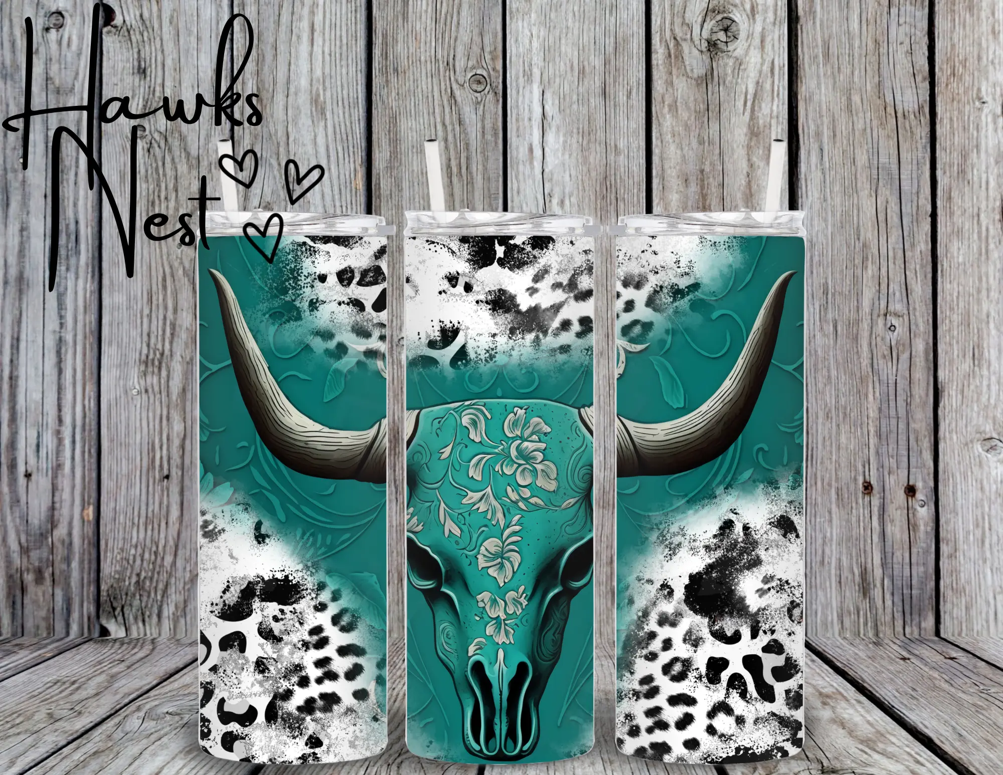 Stainless Steel Hot & Cold Tumbler (Teal Cow Skull)