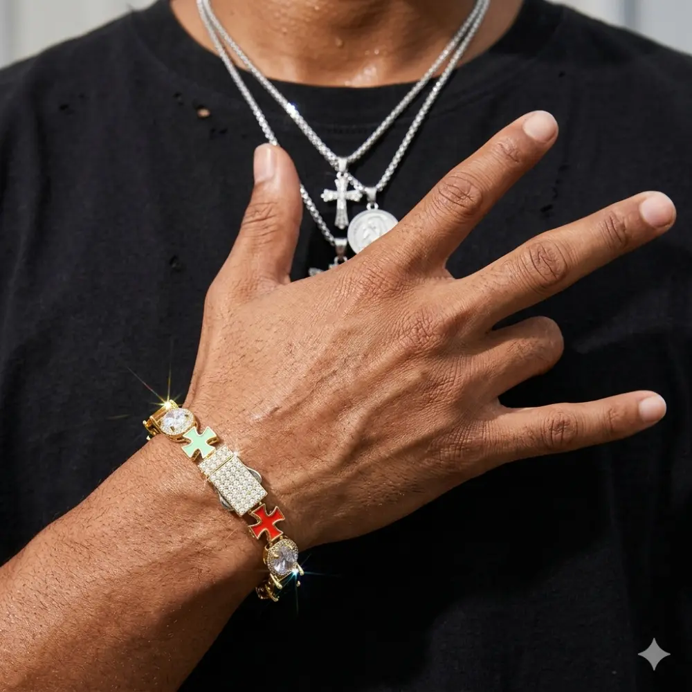 Unisex Adult Luxury Gemstone Bead Bracelets & Bangles - Multi-Color Crystal, Metal Cross Crucifix, Male Hip Hop Streetwear Daily Jewelry Gift, Adults, Bead Cross Bracelets & Bangles, Christian Motif Bracelets & Bangles