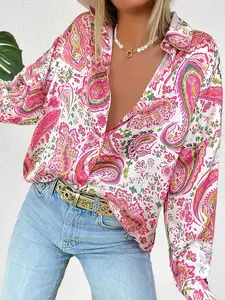 【Plus Size】 All Over Print Button Front Shirt, Casual Classy Top, Casual Long Sleeve Collared Top for Summer, Women's Clothes for Daily Wear Top