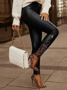 Women's Spring & Fall Faux Leather Tight Pants, Lace Side Patchwork, Casual Elegant Long Pants, High Waist Slimming, Elastic Winter Pants