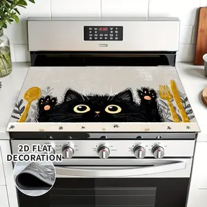 Electric stove cover, black and gold cat design -2D flat decorative stove, scratch resistant glass surface protector, diatomaceous earth oven pad