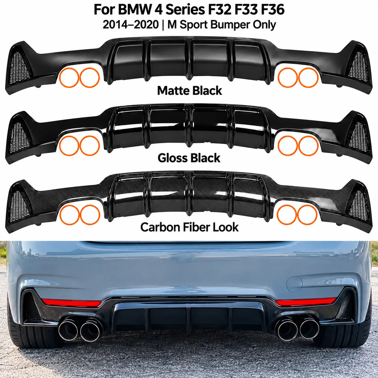 M Performance Style Rear Bumper Diffuser for BMW 4 Series F32 F33 F36 420d 428i 430i 435i 440i 2014-2020 M Sport, Matte Black, Gloss Black or Carbon Fiber Look ABS, Dual Exhaust Outlet Rear Valance Lip