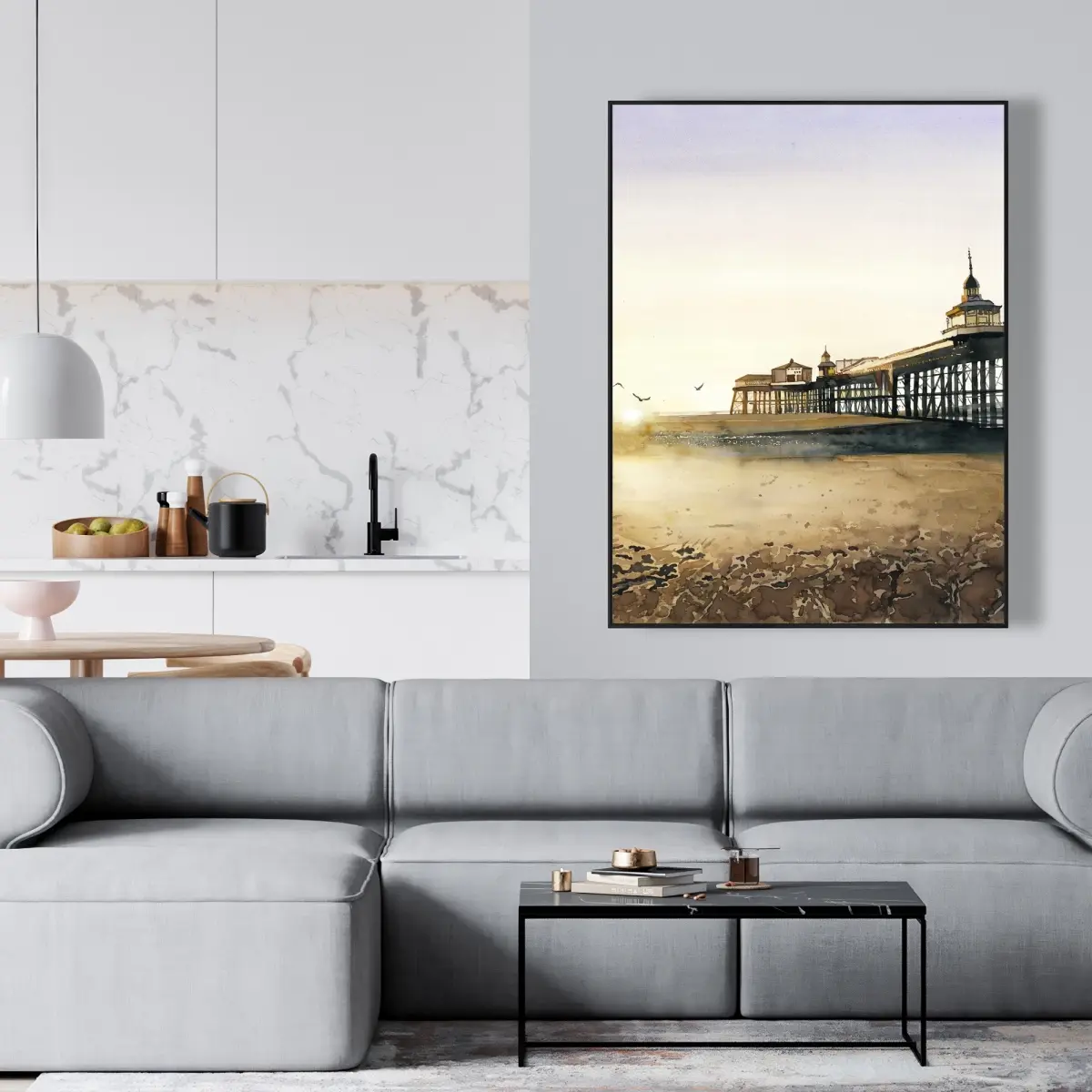 360 stand Framed Wall Art Print - 36x48 in. Artistic Nature Beach Landscape Artwork, Marine Frame with Beige Finish, Birds Flying & Sunset, Home Decoration for Room, Beach-Themed Wall Arts, Framed Wall Arts