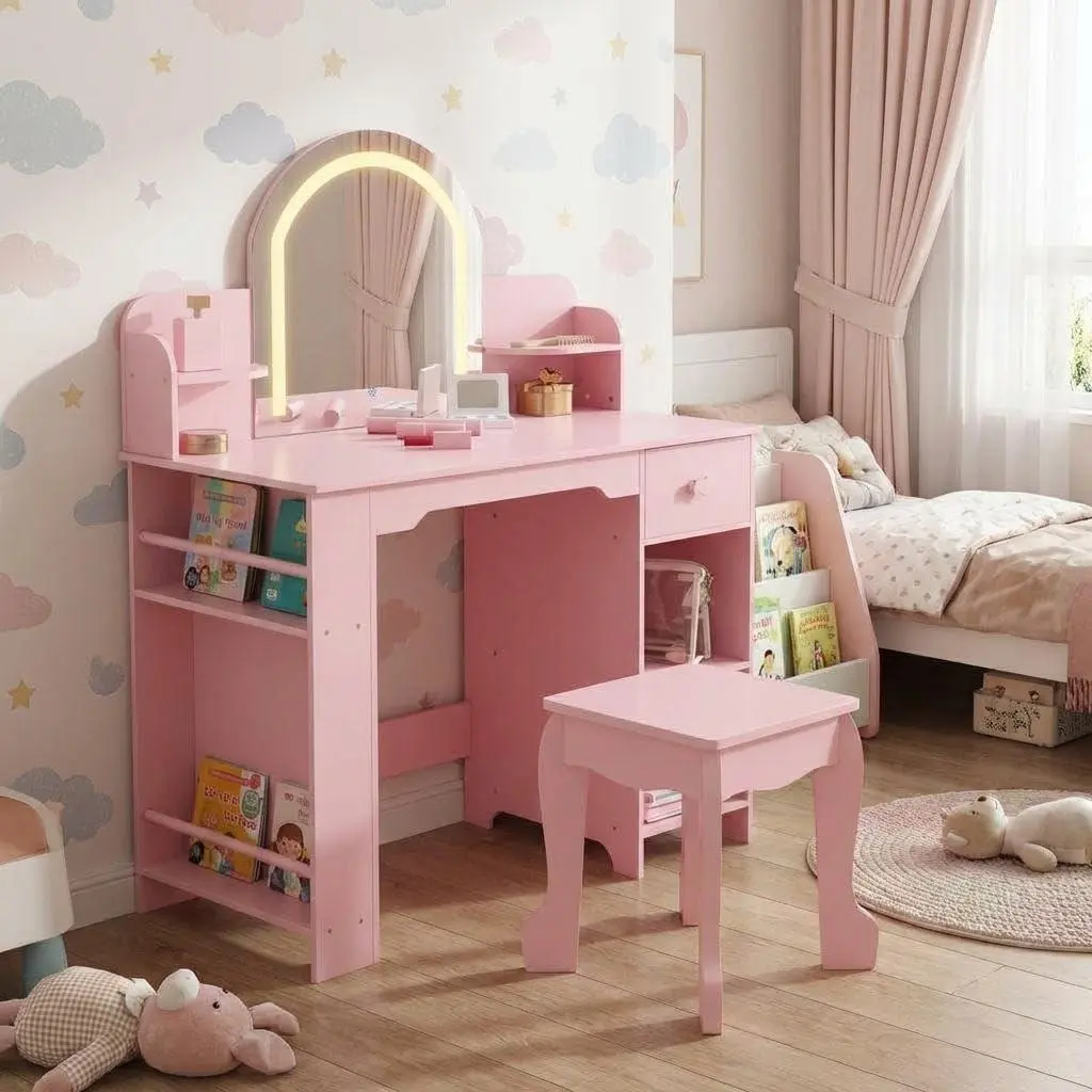 Princess LED Lighted MDF Wood Vanity Table and Chair Set for Girls - Touch-Control, Bookshelf, Storage Drawer, Open Shelves, Wooden Makeup Desk for Bedroom
