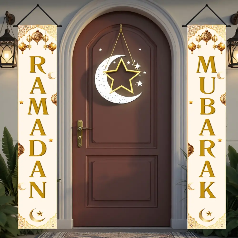 Elegant Polyester Welcome Flags with Crescent Moon and Stars, 2pc Ramadan Mubarak Door Banner, Indoor/outdoor Holiday Decor