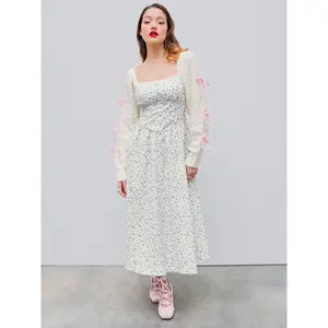 Cider [size 0-10] Santorini Beach Vacation Square Neck Floral Corset Lace Up Midi Dress