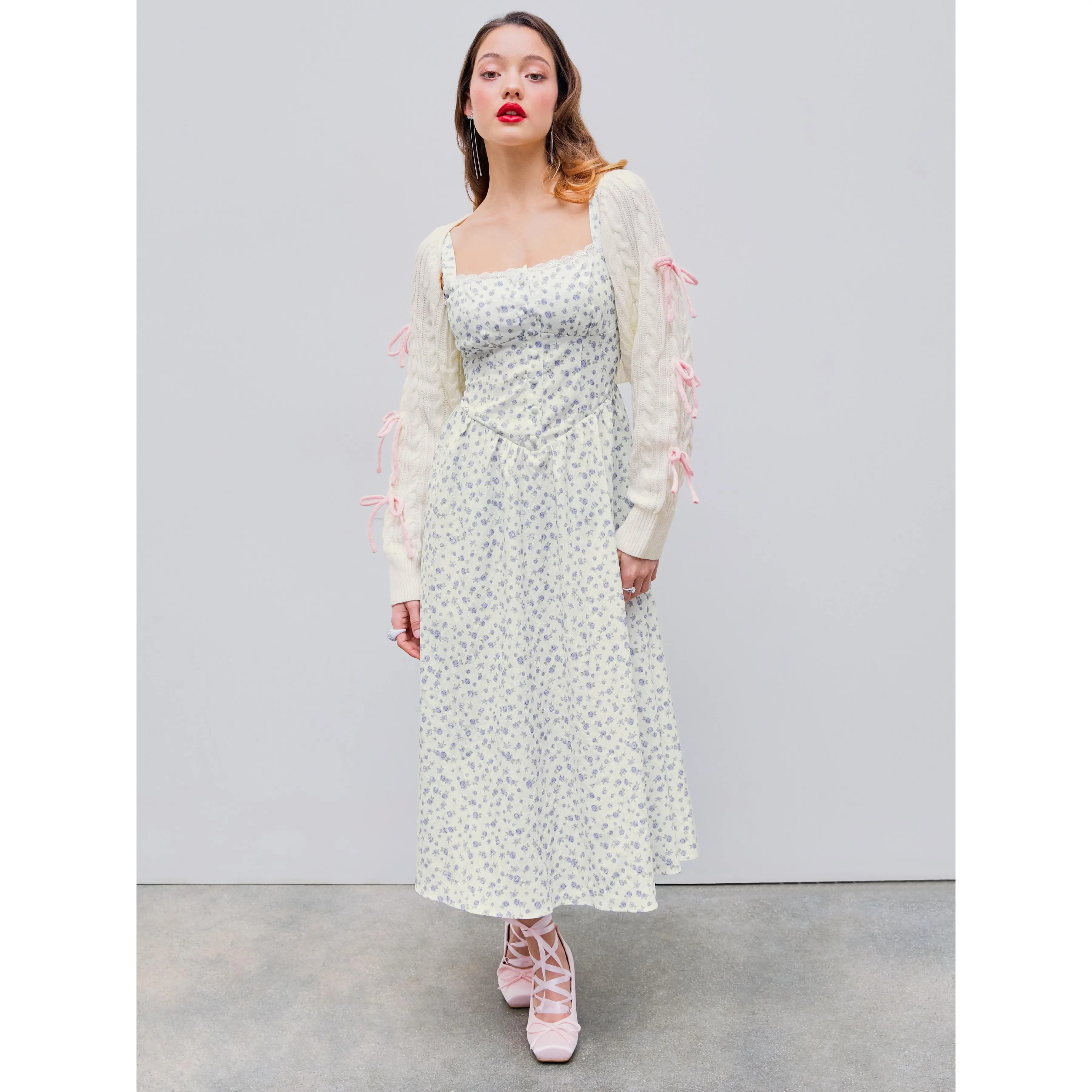 Cider [size 0-10] Santorini Beach Vacation Square Neck Floral Corset Lace  Up Midi Dress - TikTok Shop