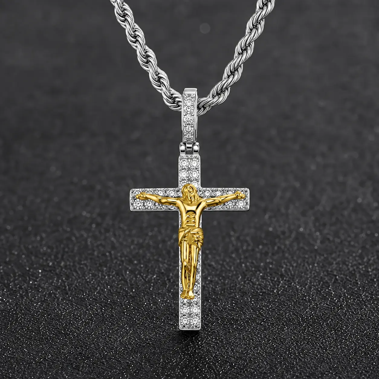 Cross Jesus Necklace for Men Women Iced Out Crucifix  3mm Baguette Diamond Rope Chain 18-24 Inch Memorial Jewelry Faith for Women Jesus Christmas