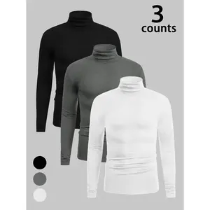 Men's Casual High Neck Thermal Top Set, Classic Colors, Fitted Home Wear, Fall & Winter Clothing, 3 Piece, Thermal MenswearRAIMENTRY