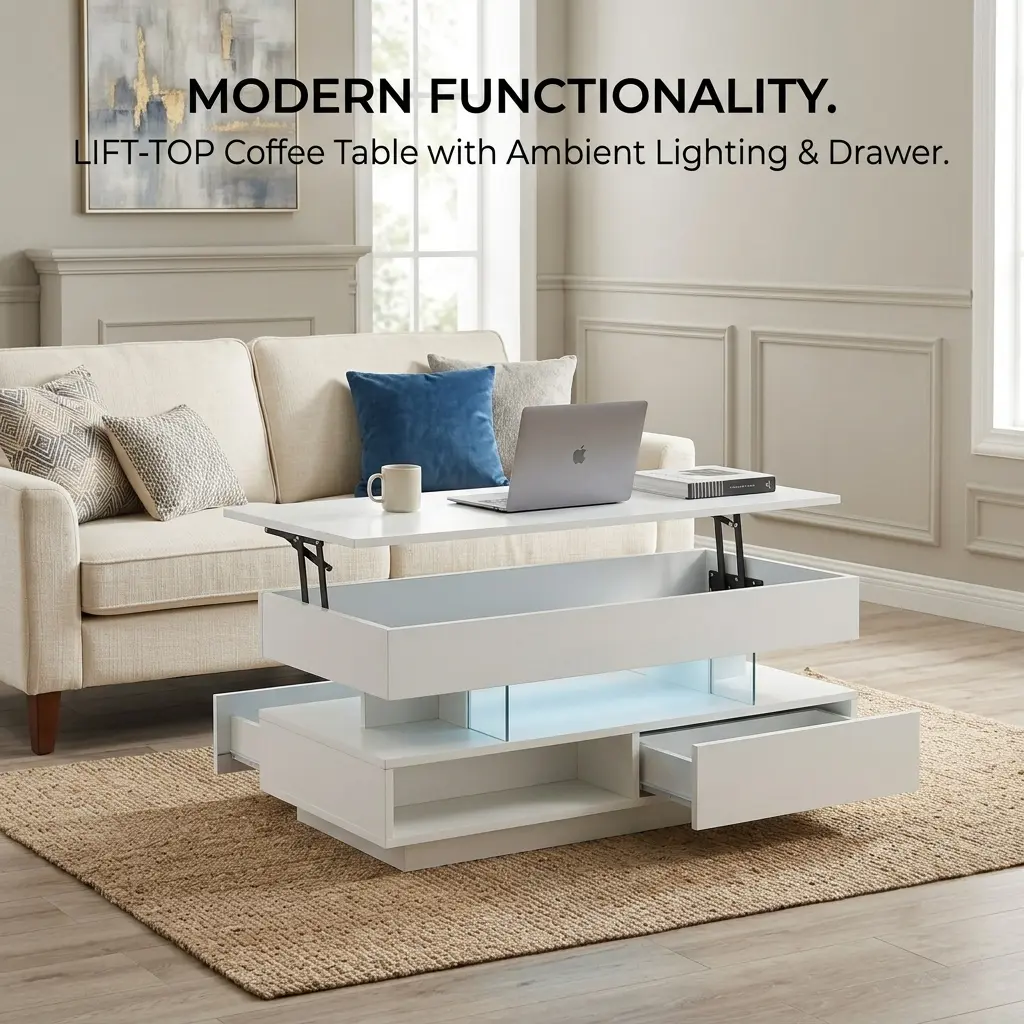 39.3" Smart Lift Top Coffee Table with Pneumatic Lift System, LED Mood Lighting & Hidden Storage Compartment, Multifunctional Rising Desk for Living Room, Home Office, Small Apartment, High-Gloss Finish, Easy Assembly