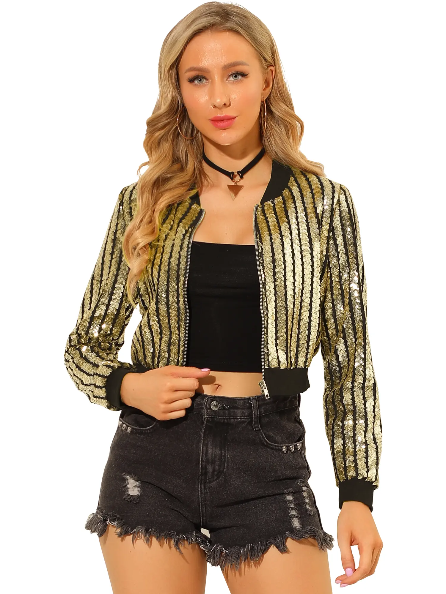 INSPIRE CHIC Sequin Cropped Jacket Shiny Zip Up Sparkly Glitter Bomber Jackets