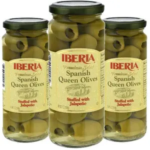 Iberia Spanish Queen Olives Stuffed with Jalapeño Jar, 7 oz, Pack of 3, Flavorful Packaged Foods