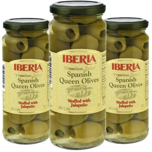 Iberia Spanish Queen Olives Stuffed with Jalapeño Jar, 7 oz, Pack of 3, Flavorful Packaged Foods