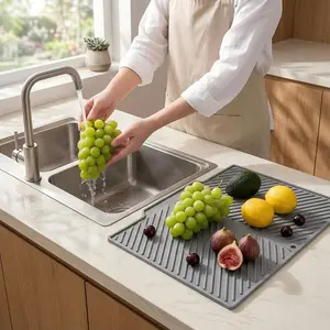 Eco-Friendly Silicone Dish Drying Mat for Kitchen Counter - Large Grooved Non-Slip Drain Pad with Built-In Spout, Quick Dry, Heat Resistant, Dishwasher Safe, Space-Saving Roll-Up Storage, Grey 16.54"x9.84" 1 Pack, Mess-Free Placemats & Coasters