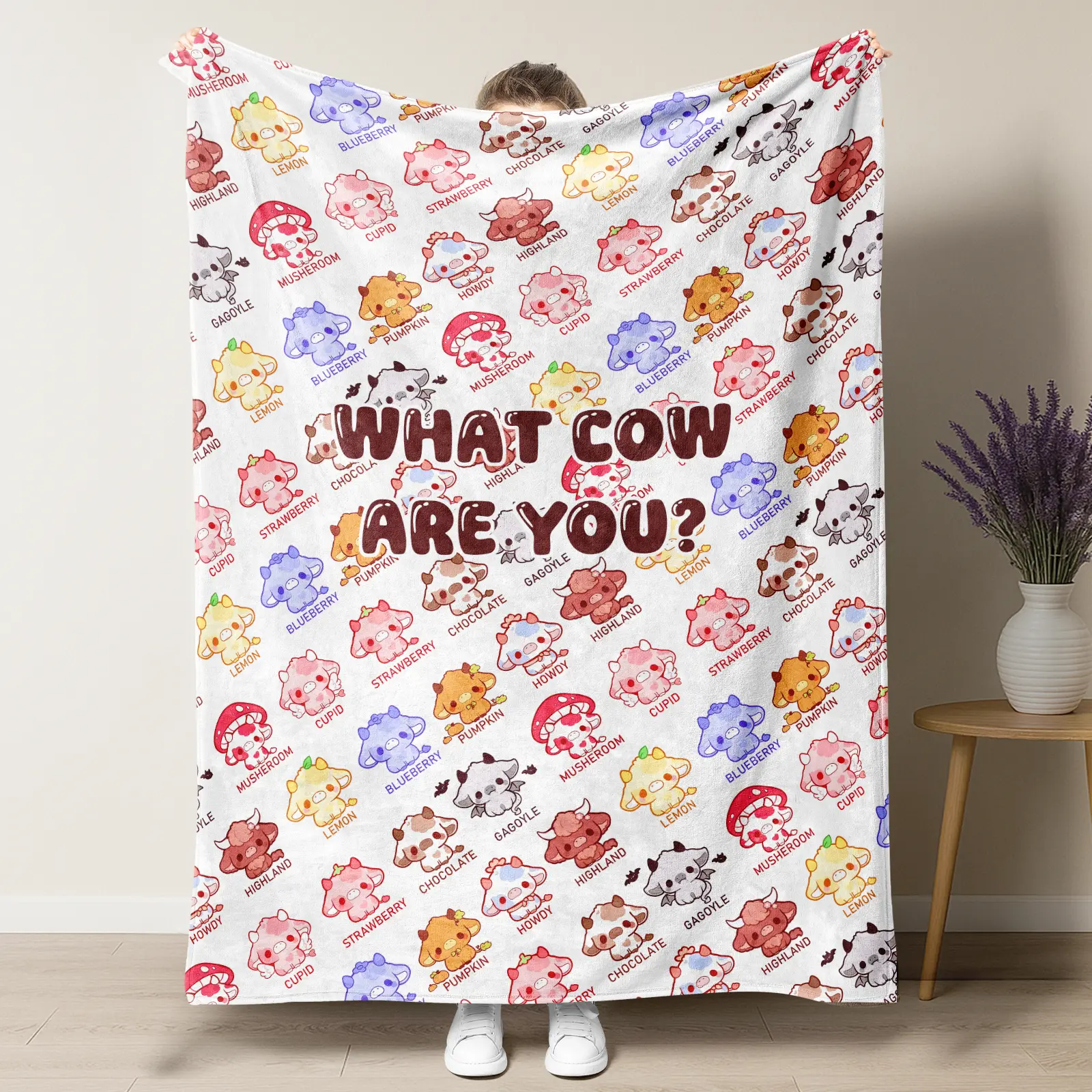 "What Cow Are You?" Kawaii Flavor Cow Collage Fleece Blanket – Cute Strawberry, Blueberry & Chocolate Cow Cartoon Plush Throw, Perfect for Cow Lovers & Kawaii Fans