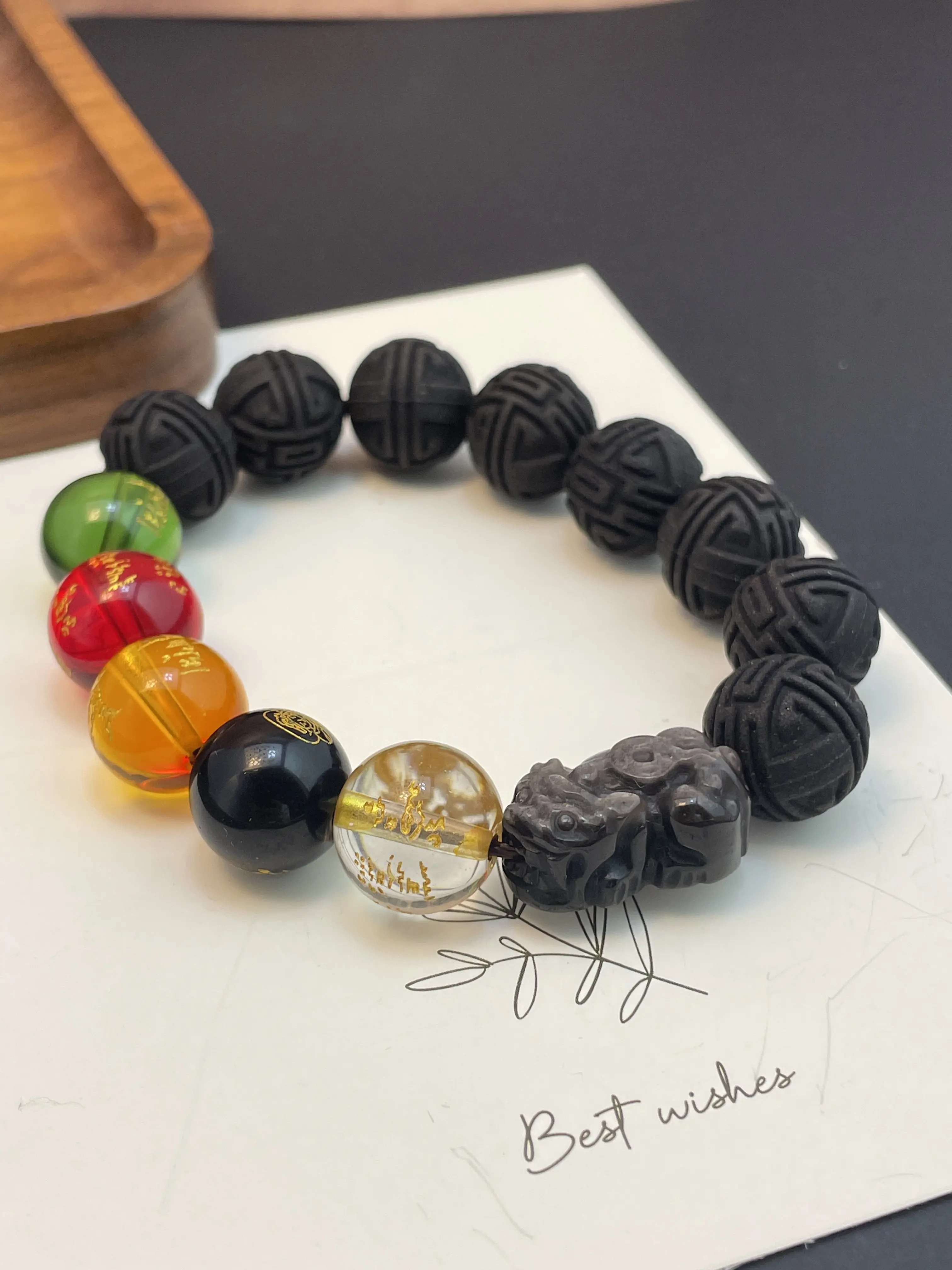 Cinnamom Woody Scent Handmade incense aromatherapy bracelet with Pixiu+Five path wealth god