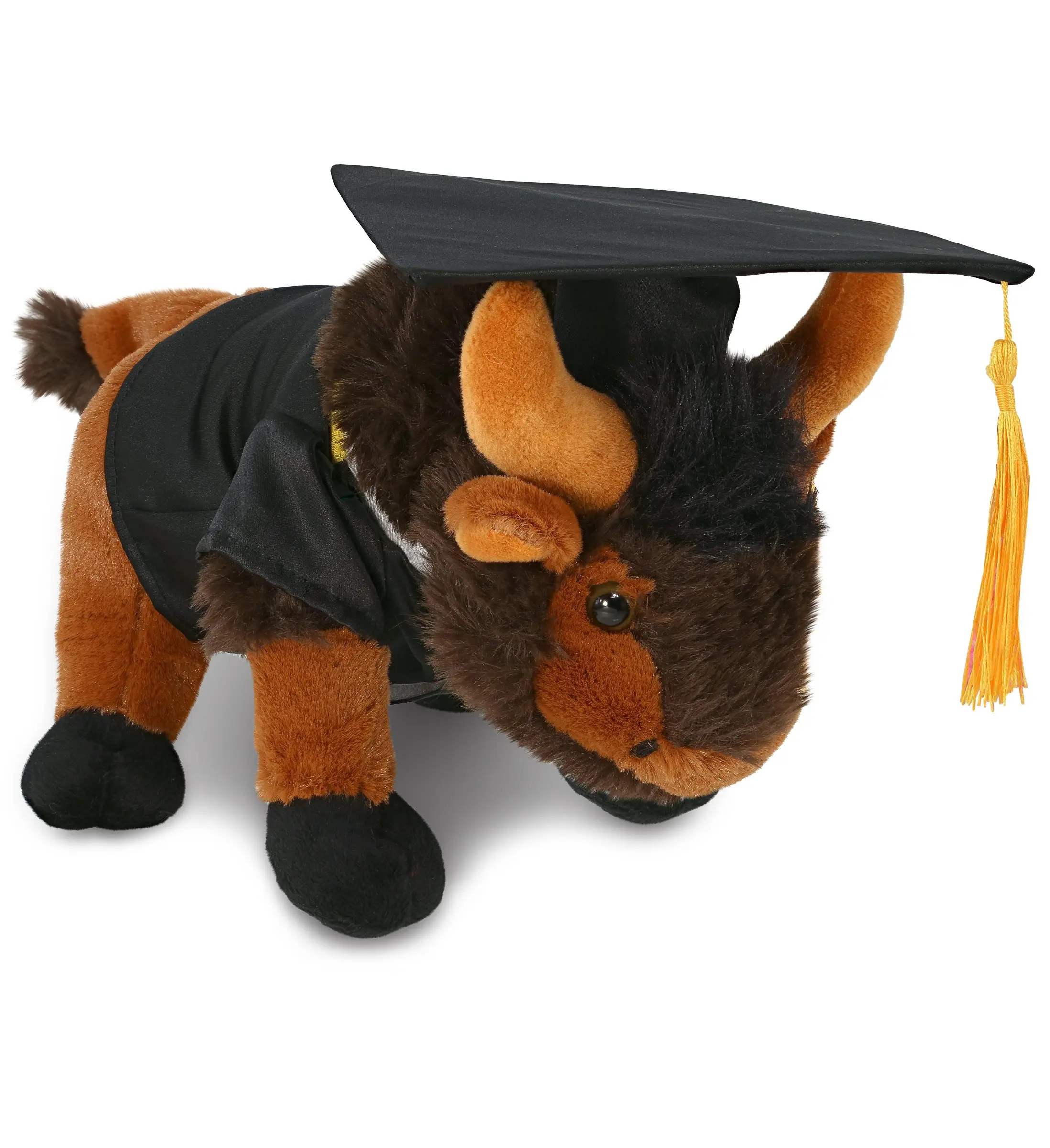 DOLLIBU 1 Super Soft Wild Buffalo Plush Toy - 9.5in Lx5in Wx5.5in H Polyester, Black Graduation Cap-Gown-Tassel, Hand Wash-Dry, College Graduate Customizable Personalized Gift, Black-Red-Or-Blue Gift Bag