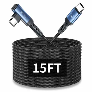 15FT 60W USB C to USB C Right Angle Fast Charging Cable,Long Cord Nylon Braided, Type C Charger Cord for,Apple-iphone 15,Sam-sung GalaxyS24 S23 S22 A15,iPad Pro/Air,Pixel 5/4 XL,One-Plus 8T,PS5