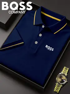 Lb4518 Classic Smart Casual Bqss Logo Print Men's Polo Shirt, Elastic Casual Breathable Four-Season Comfortable Durable High-End Polo Top