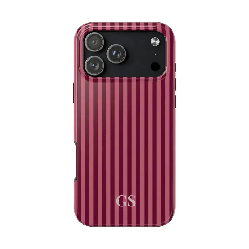 Personalized Red Striped Long-Lasting Shockproof Rubber-Plastic iPhone Series Casing - Glossy Flexible Phone Aesthetic Cover with Custom Monogram, Preppy Coastal Accessory