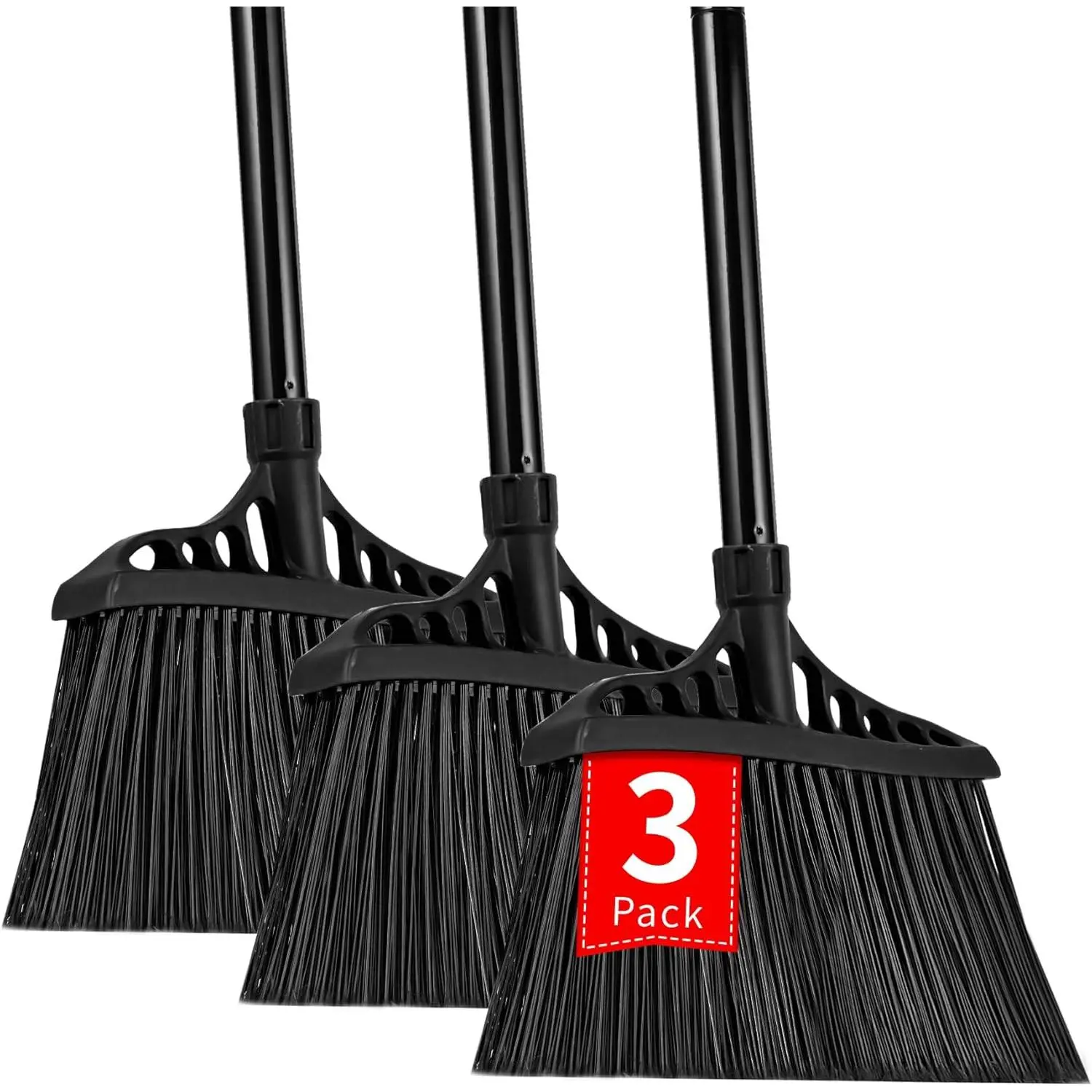3-Pack Heavy Duty Broom, Commercial Broom with 55" Long Handle Outdoor Indoor, Industrial Brooms for Sweeping Garage Concrete Courtyard Patio  Kitchen Office -  Black