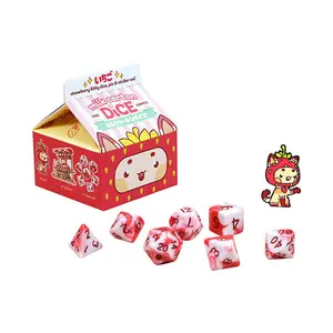1985 Games Strawberry Kawaii Cat Dice Set | 7-Piece Acrylic Milk Carton-Inspired RPG Dice with Sticker & Enamel Pin – Compatible with D&D, Pathfinder, MTG & TTRPGs